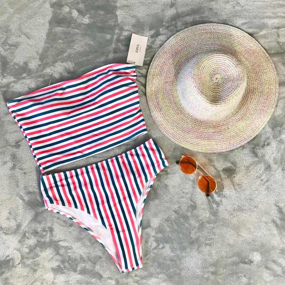 NWT Zaful High Waist Bandeau Striped Bikini Set